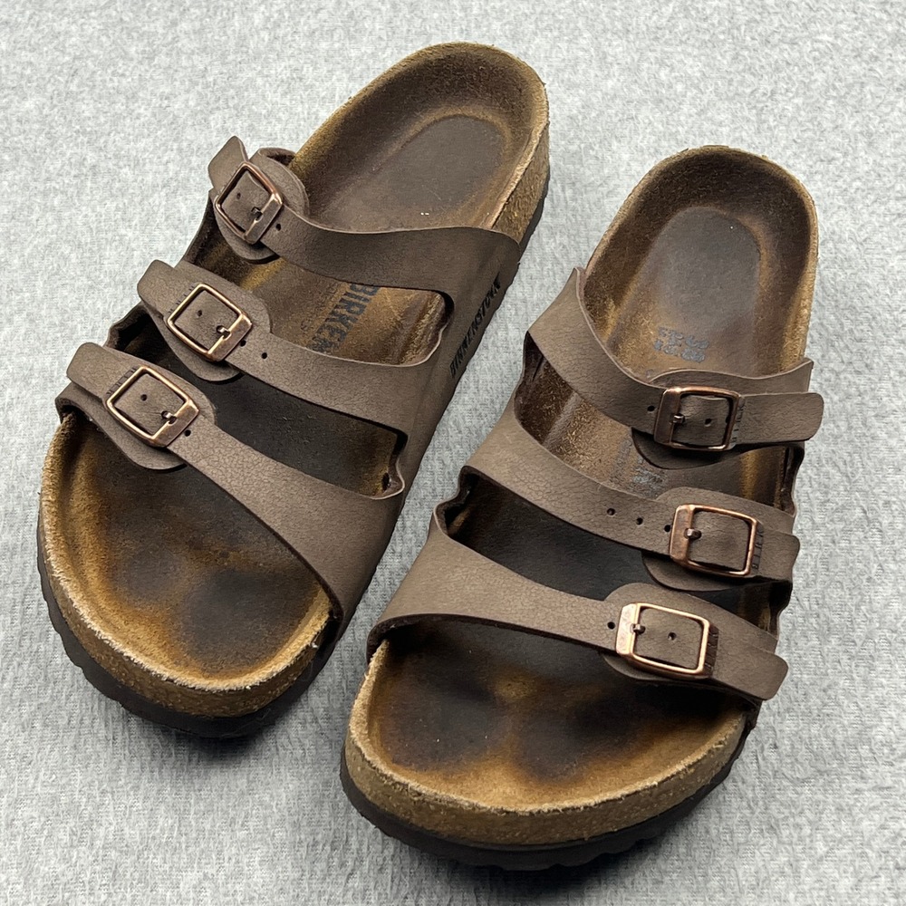 Birkenstock Florida Sandals Womens 38 Mocha Brown Triple Strap Buckle Slide Shoe